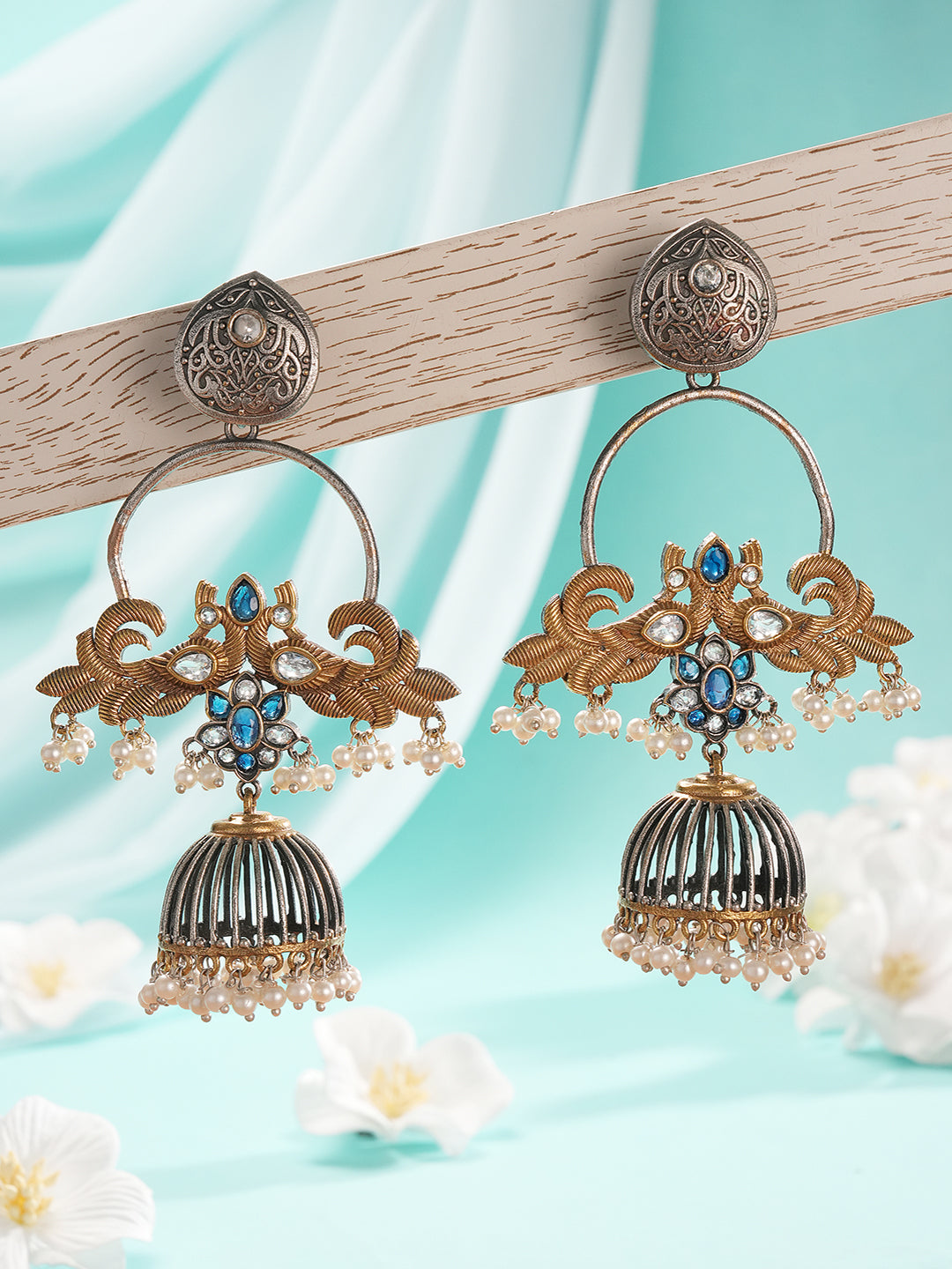 Oxidised Dual Toned Pearl Beaded Floral Peacock  Design Contemporary  Hoop Jhumka Earrings